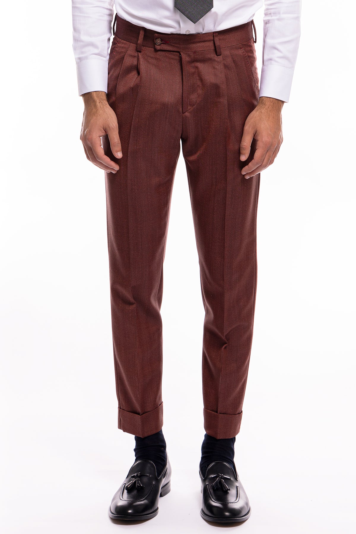 Pantalone uomo vita alta rosso tasca america in fresco lana con doppia pinces Vitale Barberis Canonico