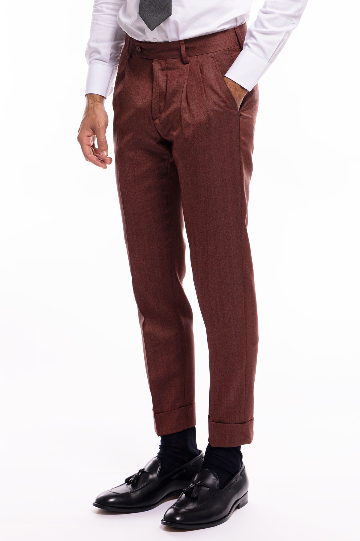 Pantalone uomo vita alta rosso tasca america in fresco lana con doppia pinces Vitale Barberis Canonico