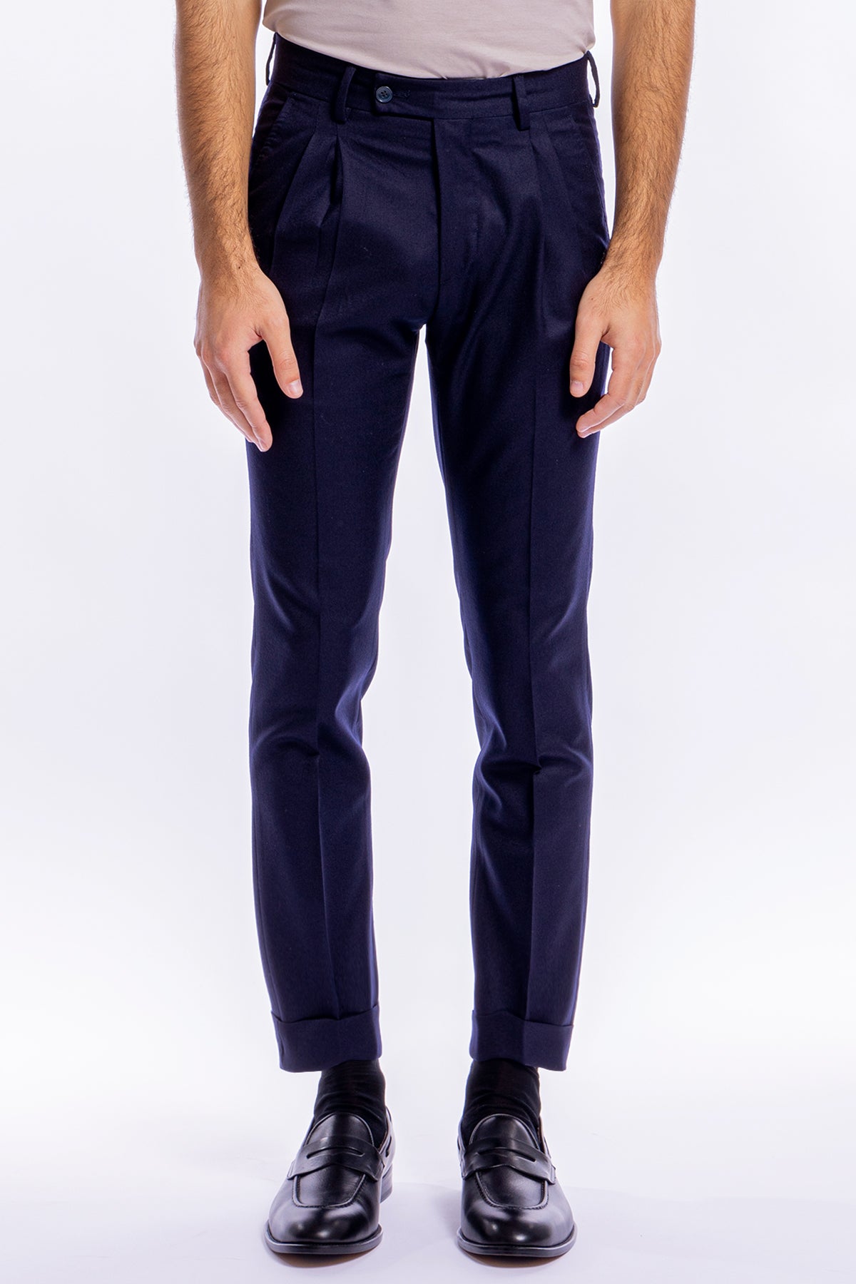 Pantalone uomo navy blu vita alta tasca america in lana flanella con doppia pinces Vitale Barberis Canonico
