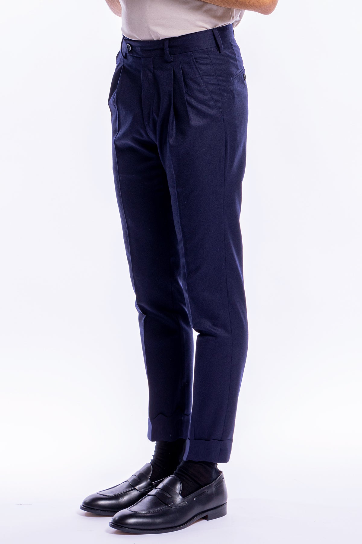 Pantalone uomo navy blu vita alta tasca america in lana flanella con doppia pinces Vitale Barberis Canonico