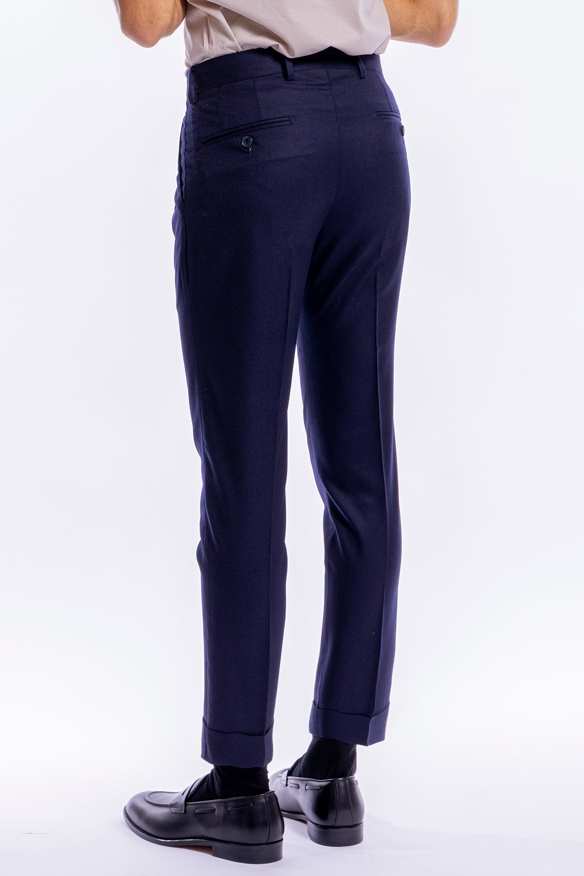 Pantalone uomo navy blu vita alta tasca america in lana flanella con doppia pinces Vitale Barberis Canonico