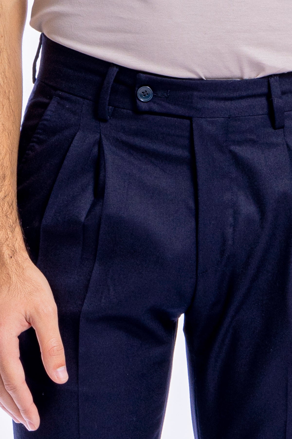 Pantalone uomo navy blu vita alta tasca america in lana flanella con doppia pinces Vitale Barberis Canonico