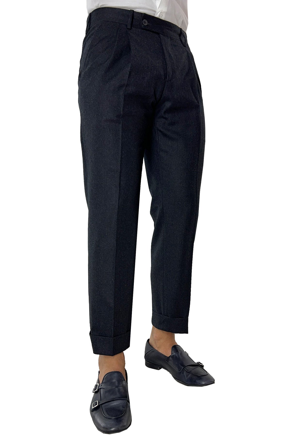 Pantalone uomo grigio scuro vita alta tasca america in lana flanella con doppia pinces Vitale Barberis Canonico