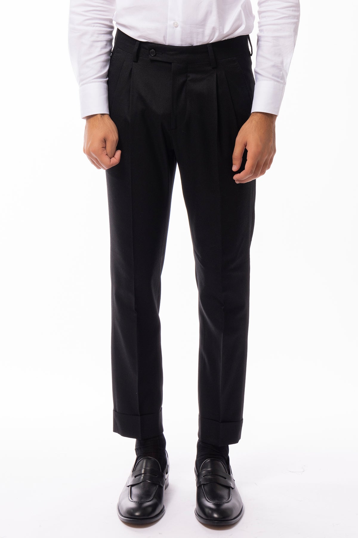 Pantalone uomo nero vita alta tasca america in lana flanella con doppia pinces Vitale Barberis Canonico