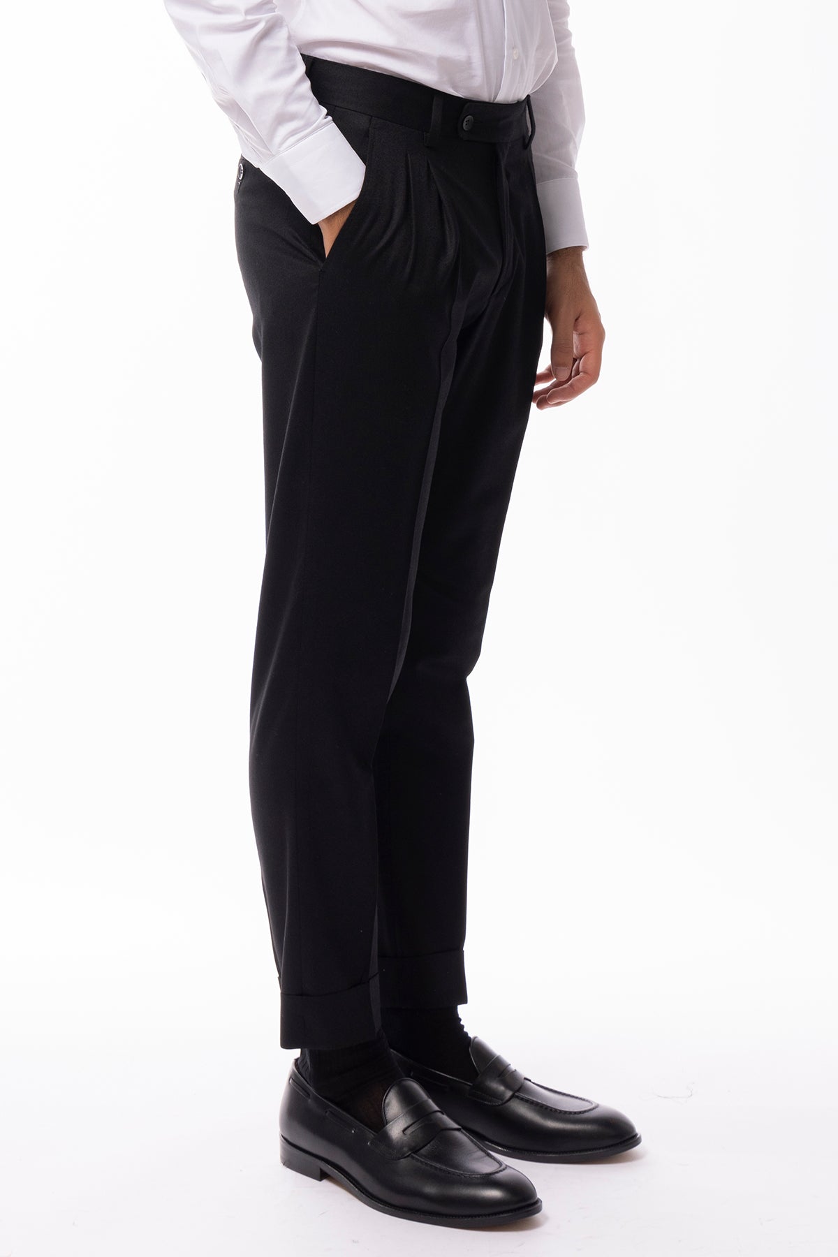 Pantalone uomo nero vita alta tasca america in lana flanella con doppia pinces Vitale Barberis Canonico