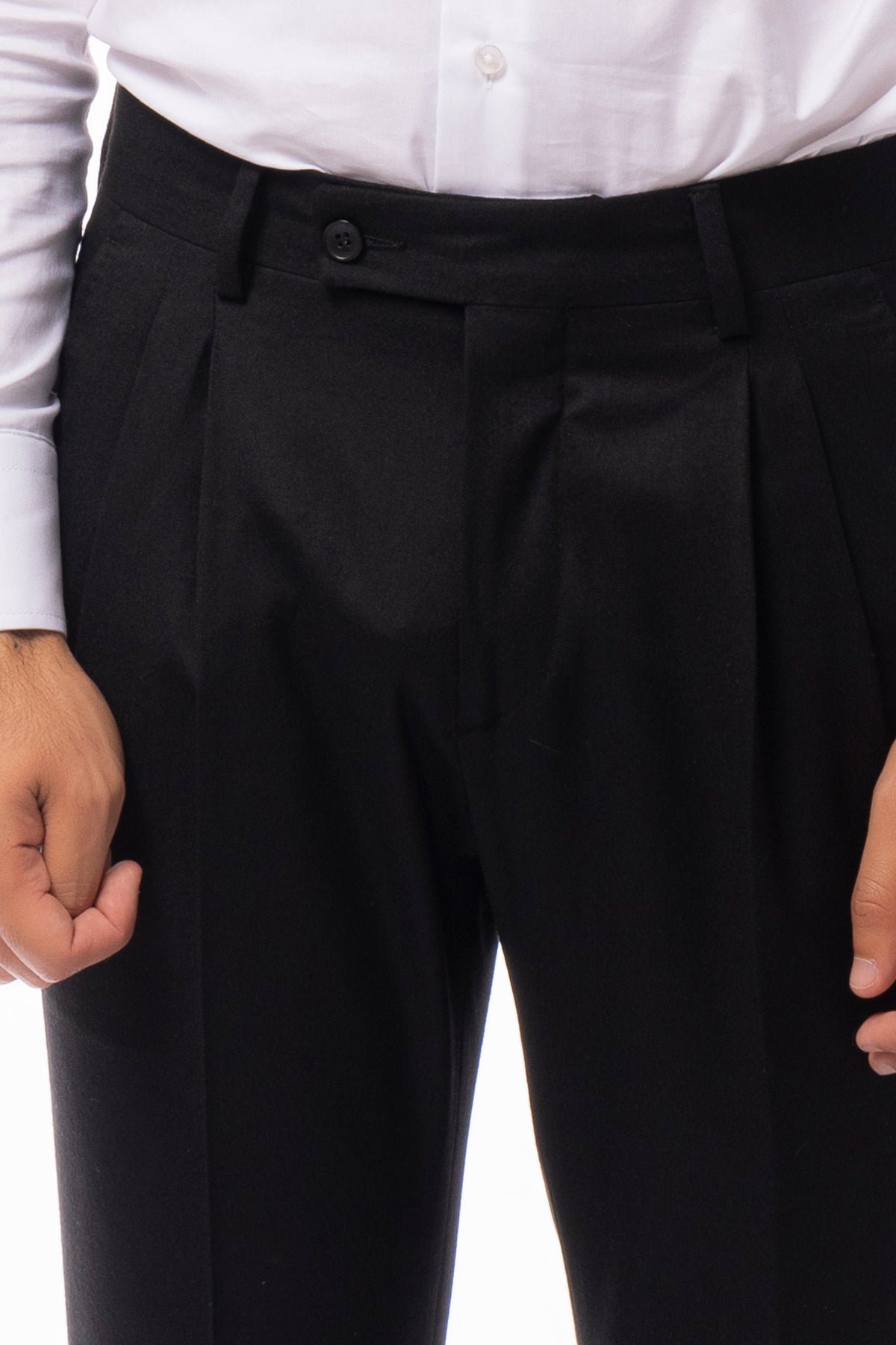 Pantalone uomo nero vita alta tasca america in lana flanella con doppia pinces Vitale Barberis Canonico