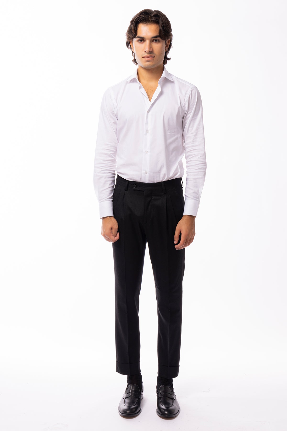 Pantalone uomo nero vita alta tasca america in lana flanella con doppia pinces Vitale Barberis Canonico