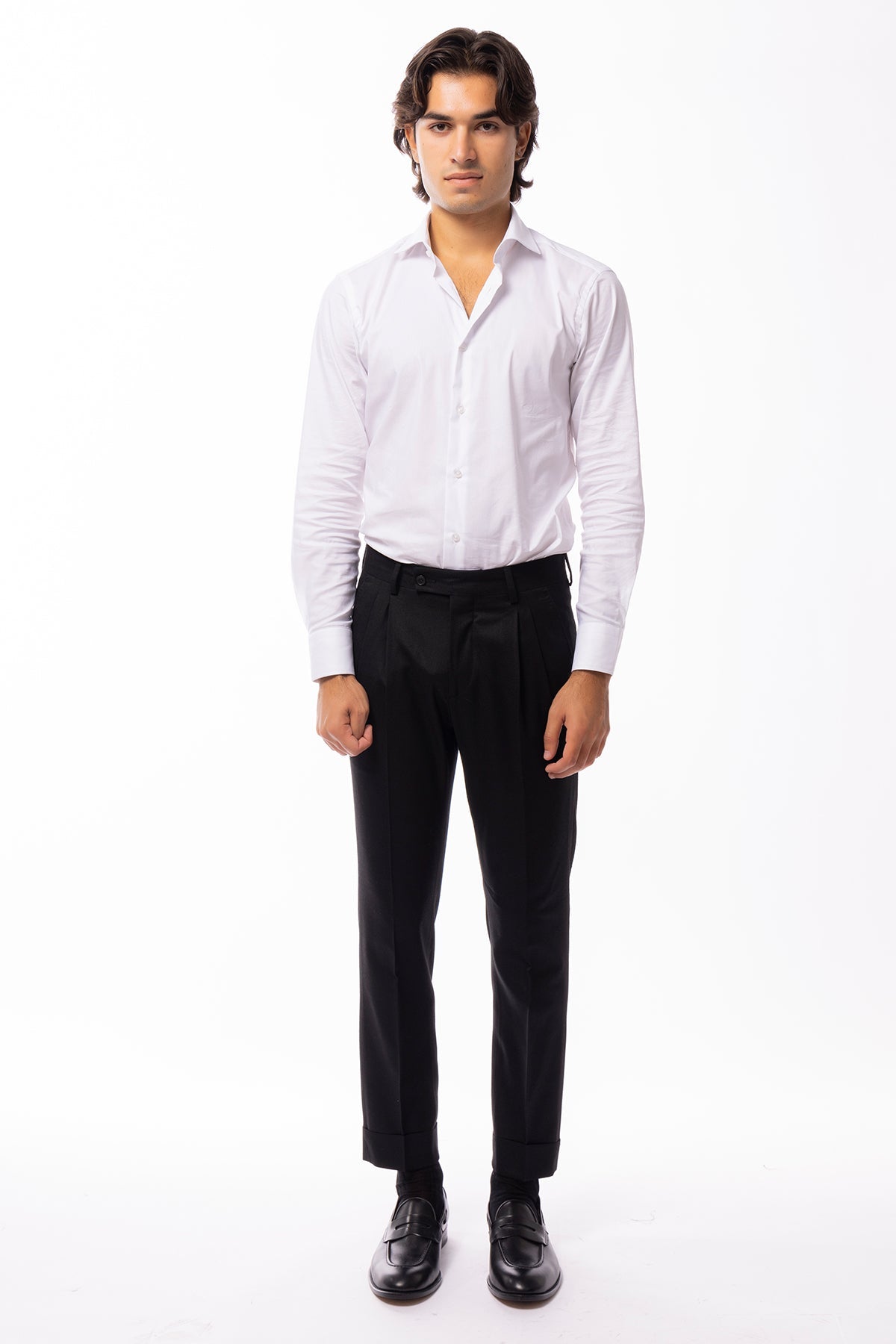 Pantalone uomo nero vita alta tasca america in lana flanella con doppia pinces Vitale Barberis Canonico
