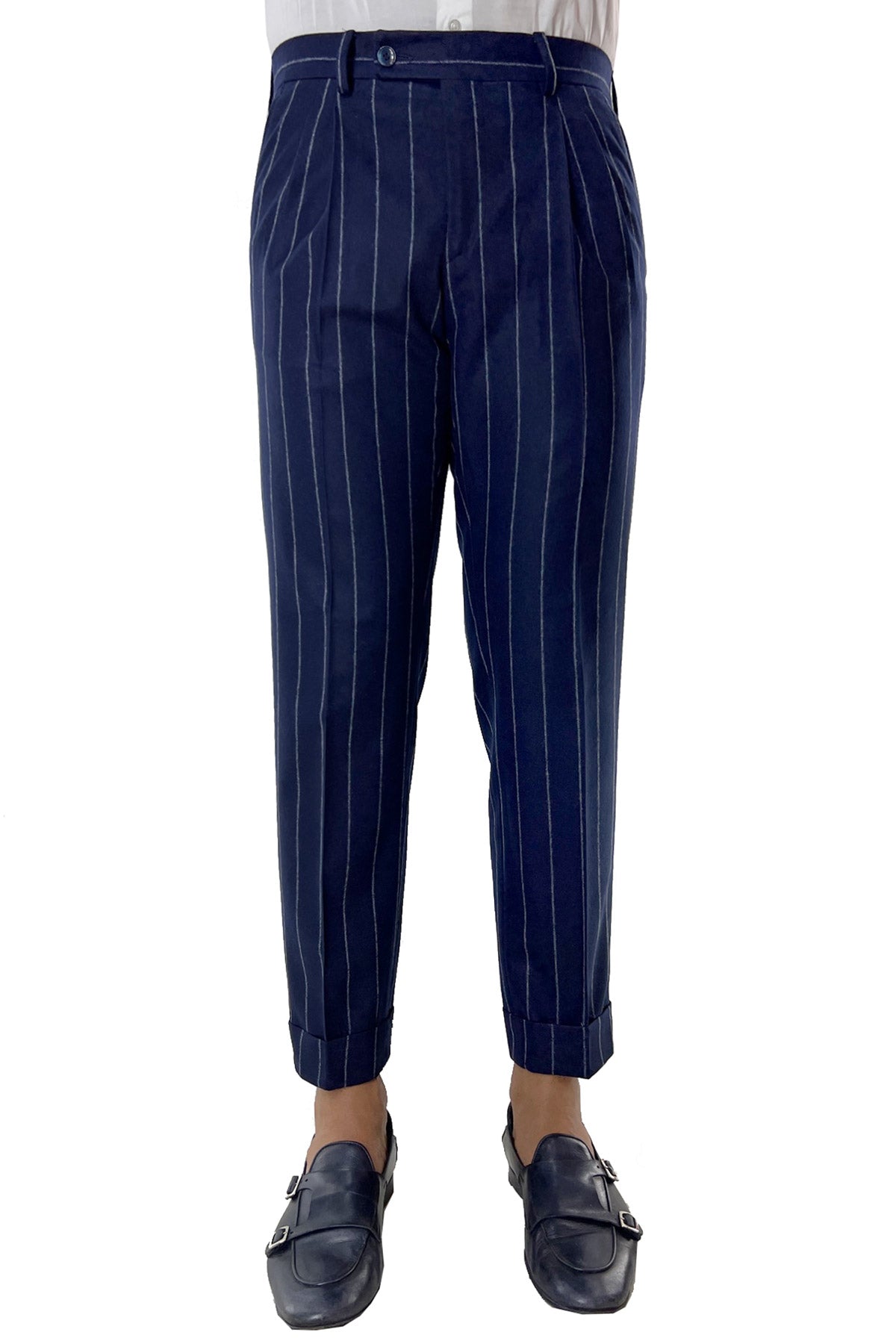 Pantalone uomo blu gessato grigio vita alta tasca america in lana flanella con doppia pinces Vitale Barberis Canonico