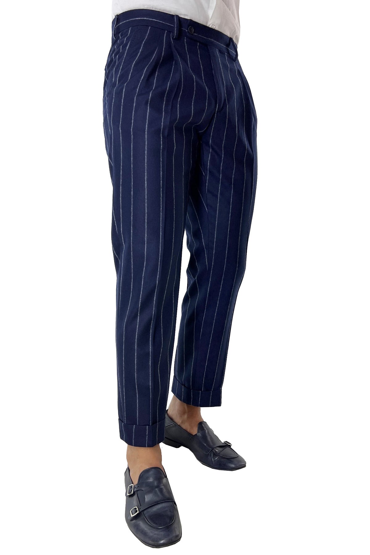 Pantalone uomo blu gessato grigio vita alta tasca america in lana flanella con doppia pinces Vitale Barberis Canonico