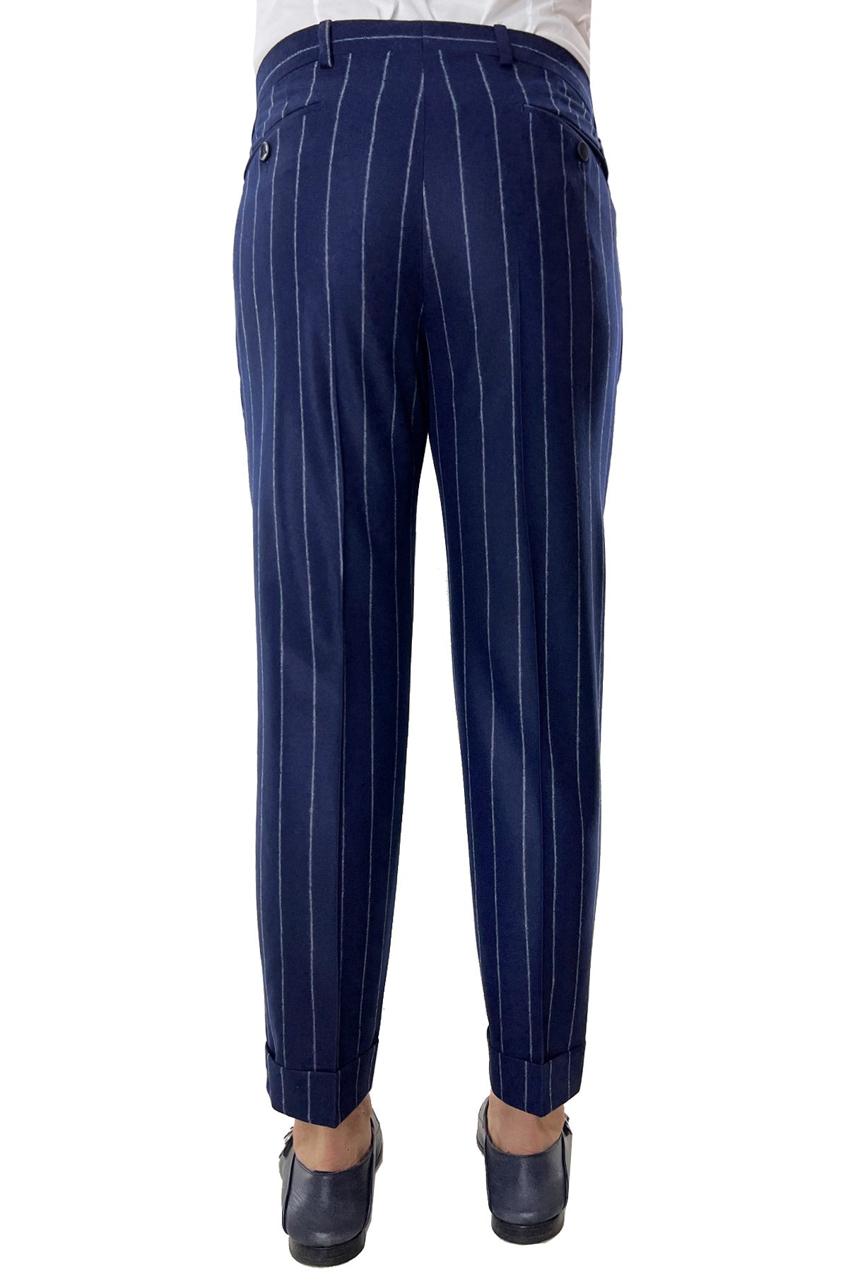 Pantalone uomo blu gessato grigio vita alta tasca america in lana flanella con doppia pinces Vitale Barberis Canonico