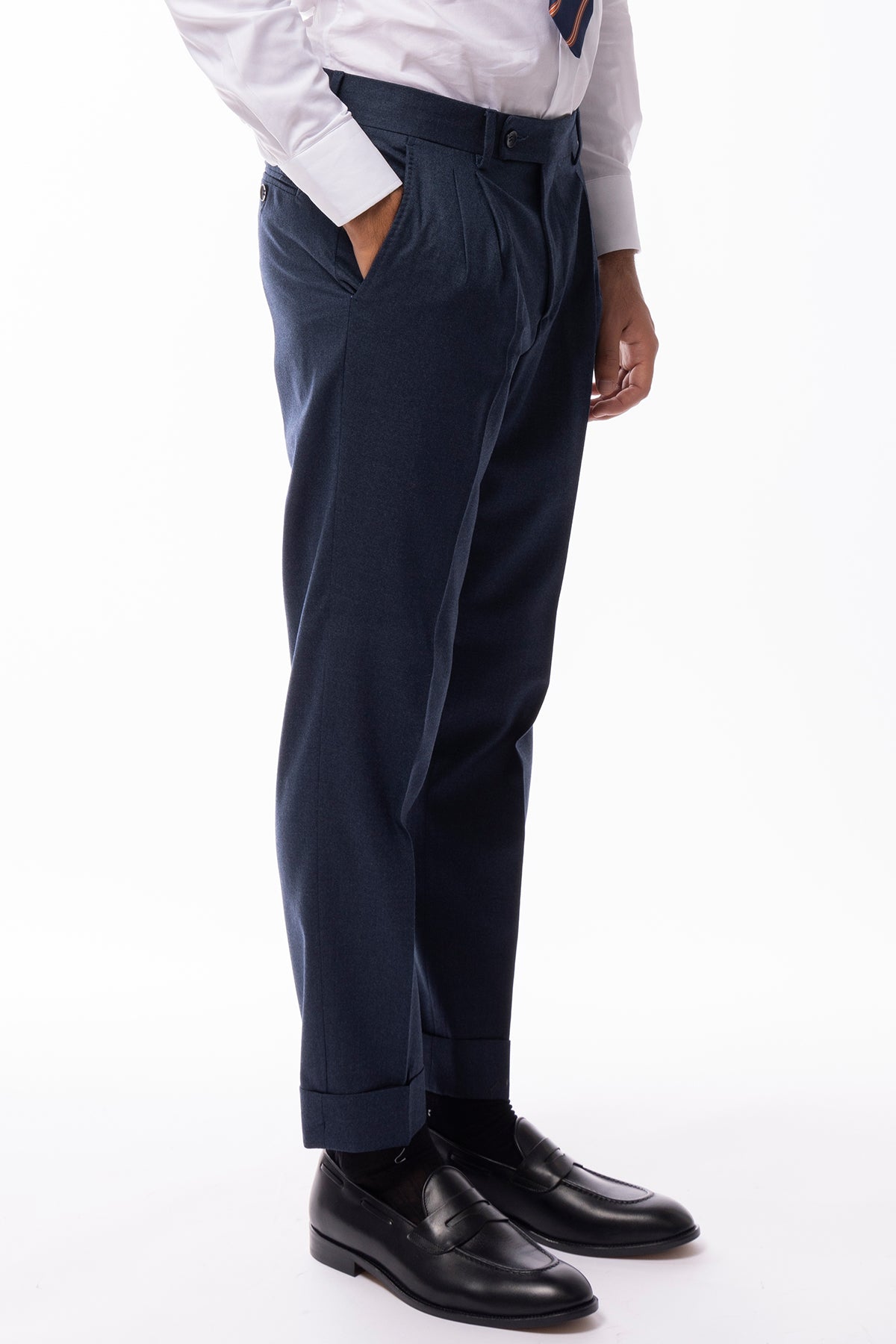 Pantalone uomo vita alta denim in lana Holland & Sherry tasca america con doppia pinces
