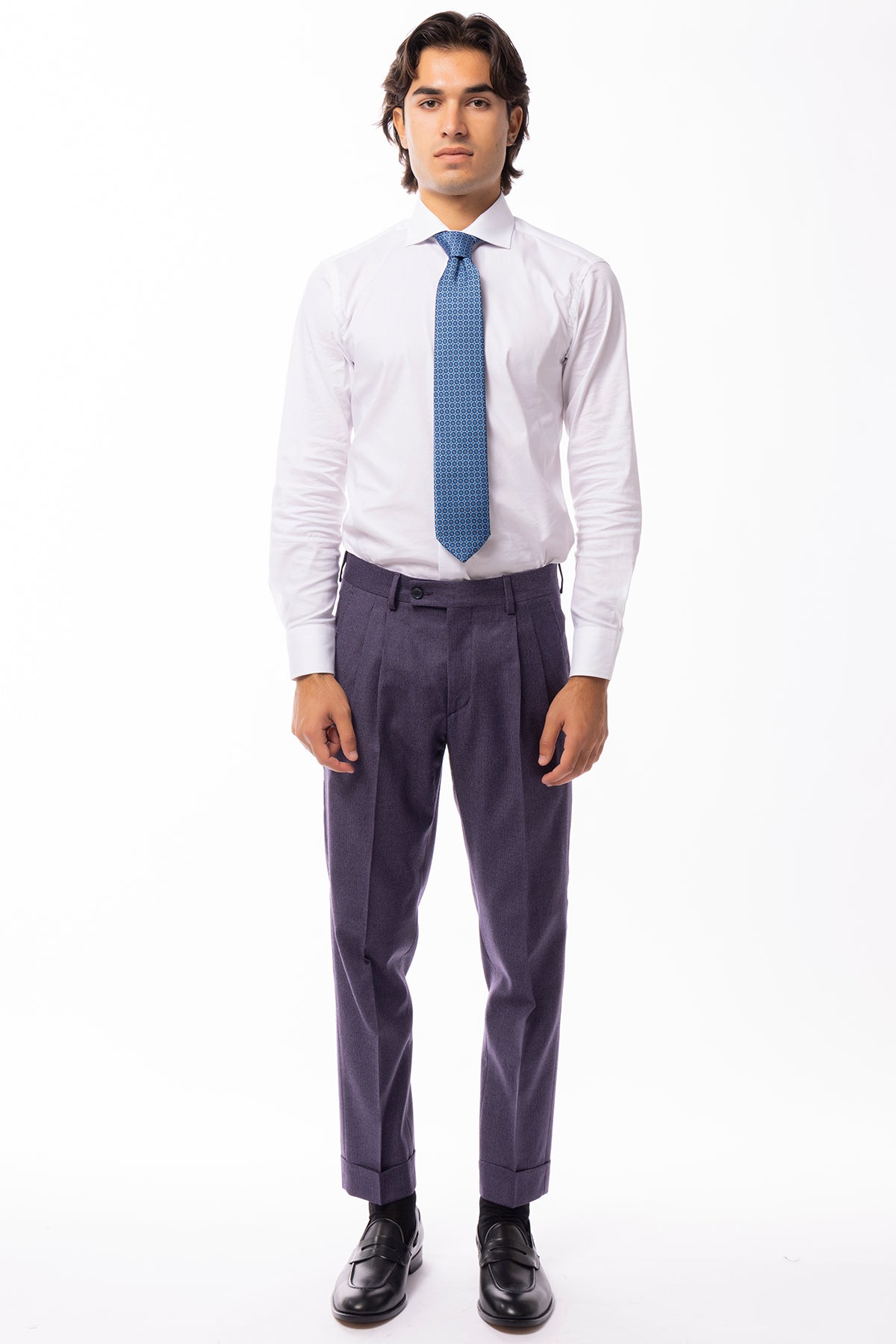 Pantalone uomo viola fantasia pied de poule vita alta tasca america in lana flanella con doppia pinces