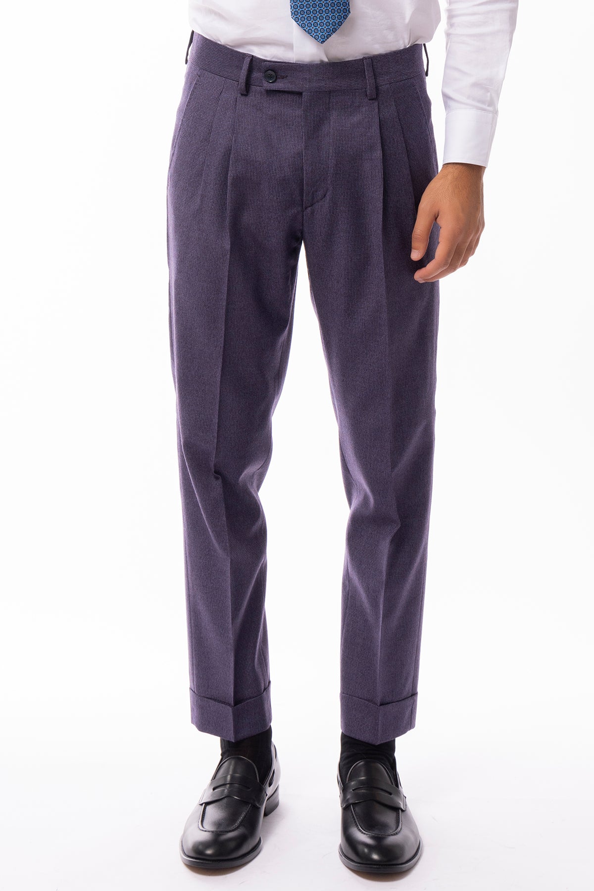 Pantalone uomo viola fantasia pied de poule vita alta tasca america in lana flanella con doppia pinces