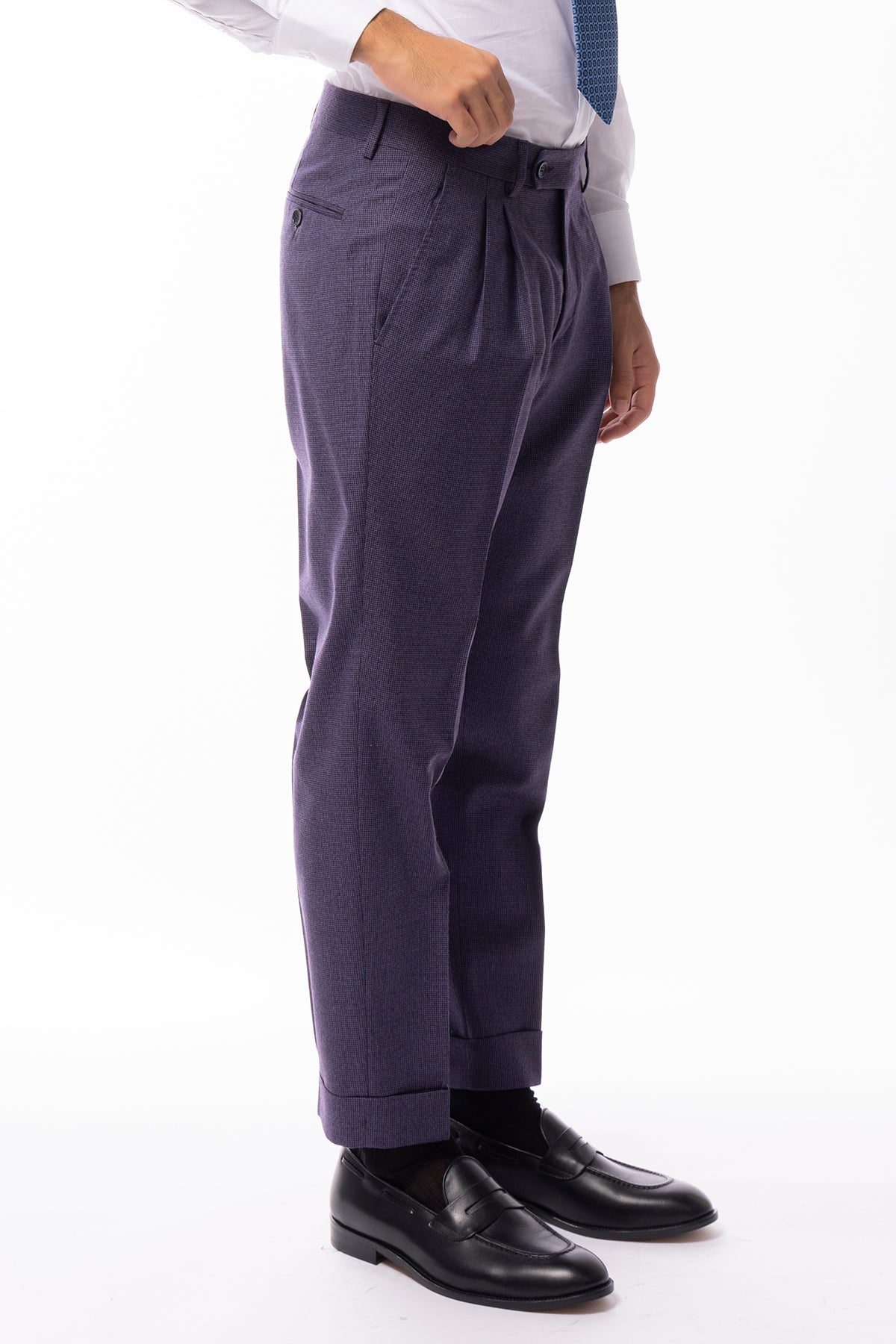 Pantalone uomo viola fantasia pied de poule vita alta tasca america in lana flanella con doppia pinces