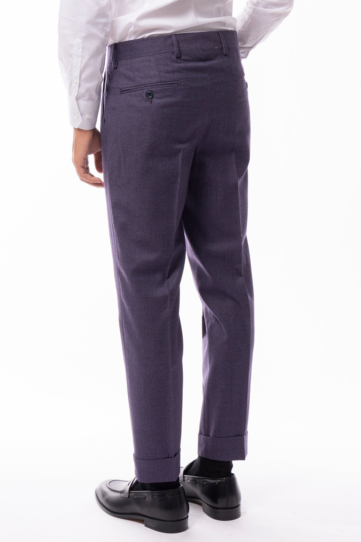 Pantalone uomo viola fantasia pied de poule vita alta tasca america in lana flanella con doppia pinces