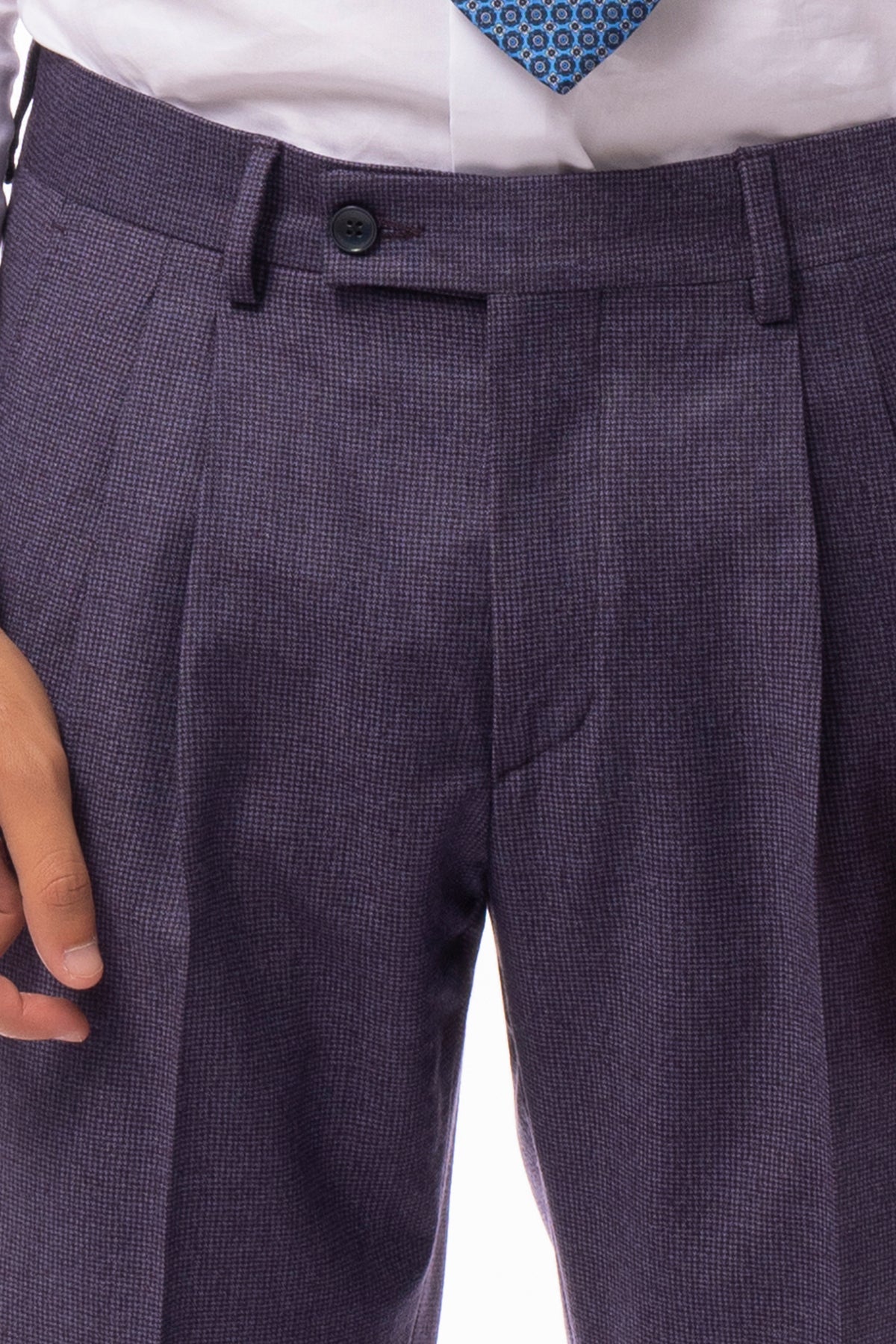 Pantalone uomo viola fantasia pied de poule vita alta tasca america in lana flanella con doppia pinces