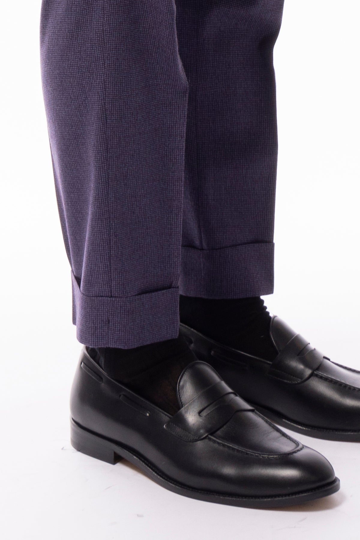 Pantalone uomo viola fantasia pied de poule vita alta tasca america in lana flanella con doppia pinces