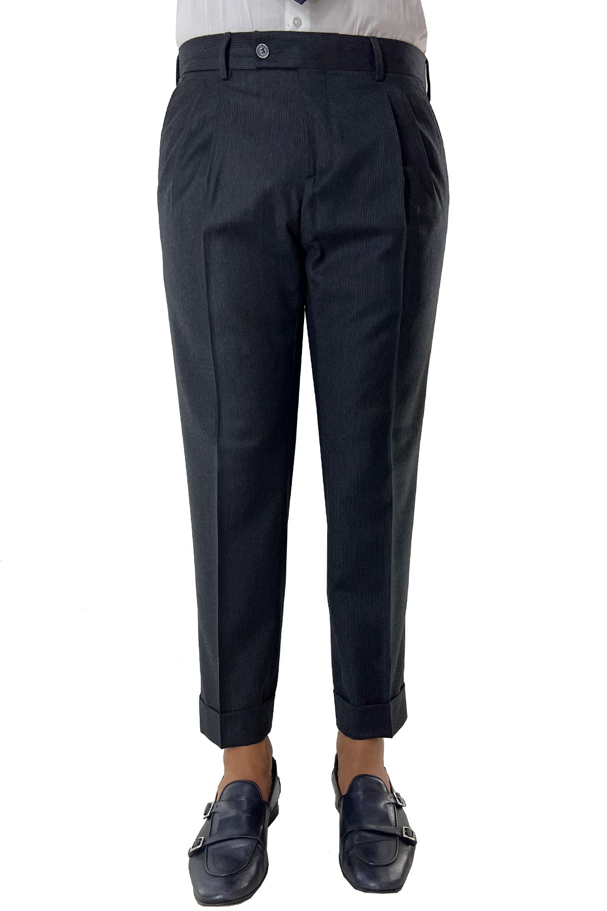 Pantalone uomo grigio fantasia pied de poule vita alta tasca america in lana flanella con doppia pinces