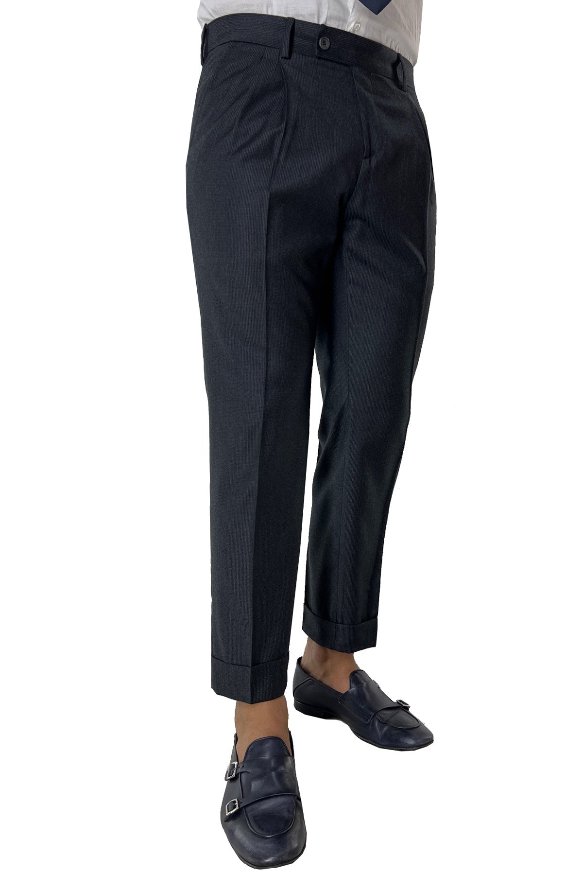 Pantalone uomo grigio fantasia pied de poule vita alta tasca america in lana flanella con doppia pinces