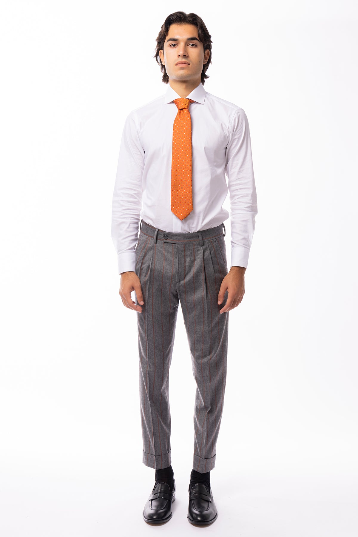 Pantalone uomo grigio fantasia gessata arancio vita alta tasca america in lana flanella con doppia pinces