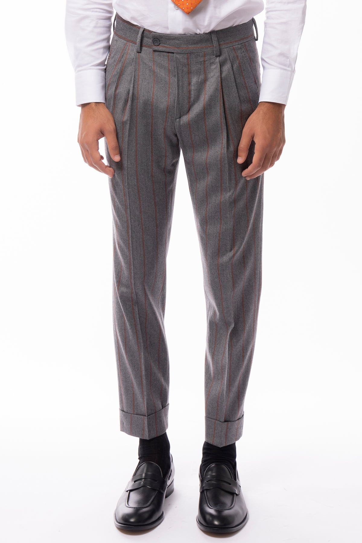Pantalone uomo grigio fantasia gessata arancio vita alta tasca america in lana flanella con doppia pinces