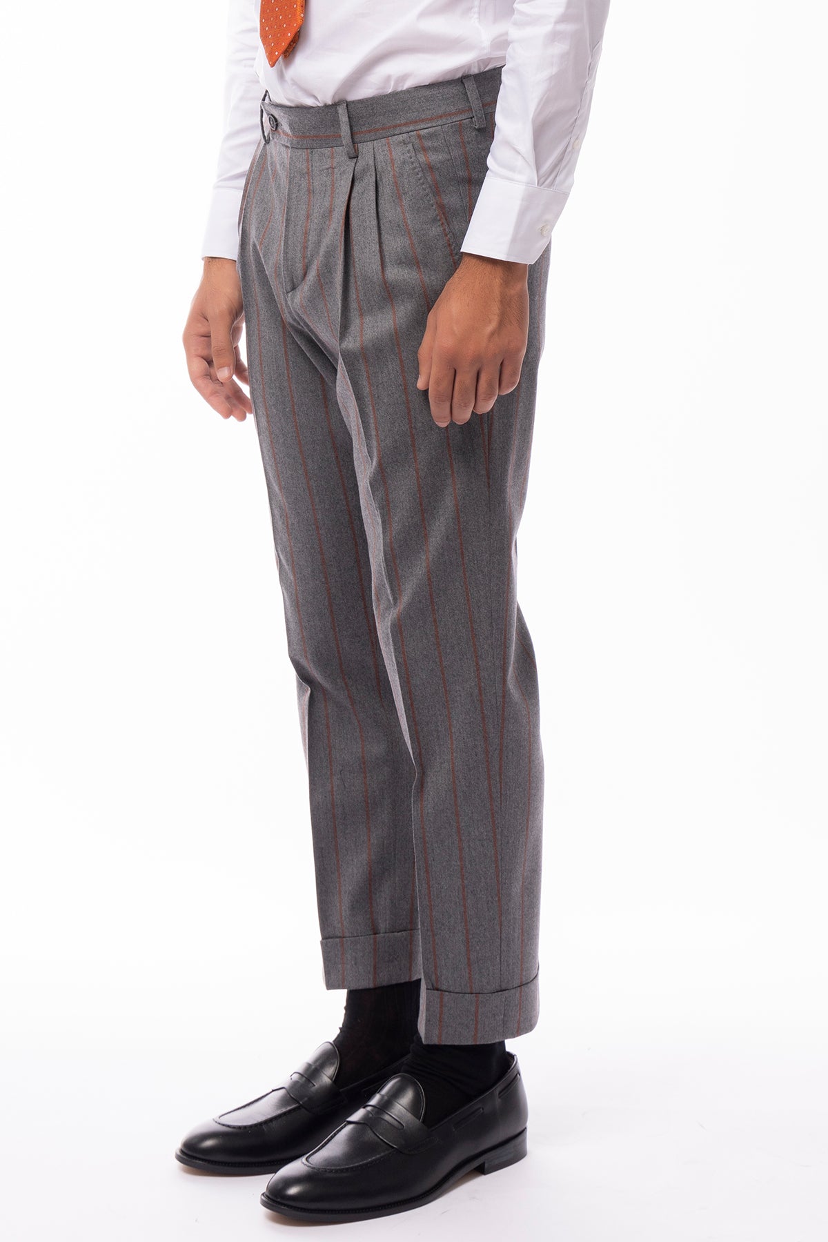 Pantalone uomo grigio fantasia gessata arancio vita alta tasca america in lana flanella con doppia pinces