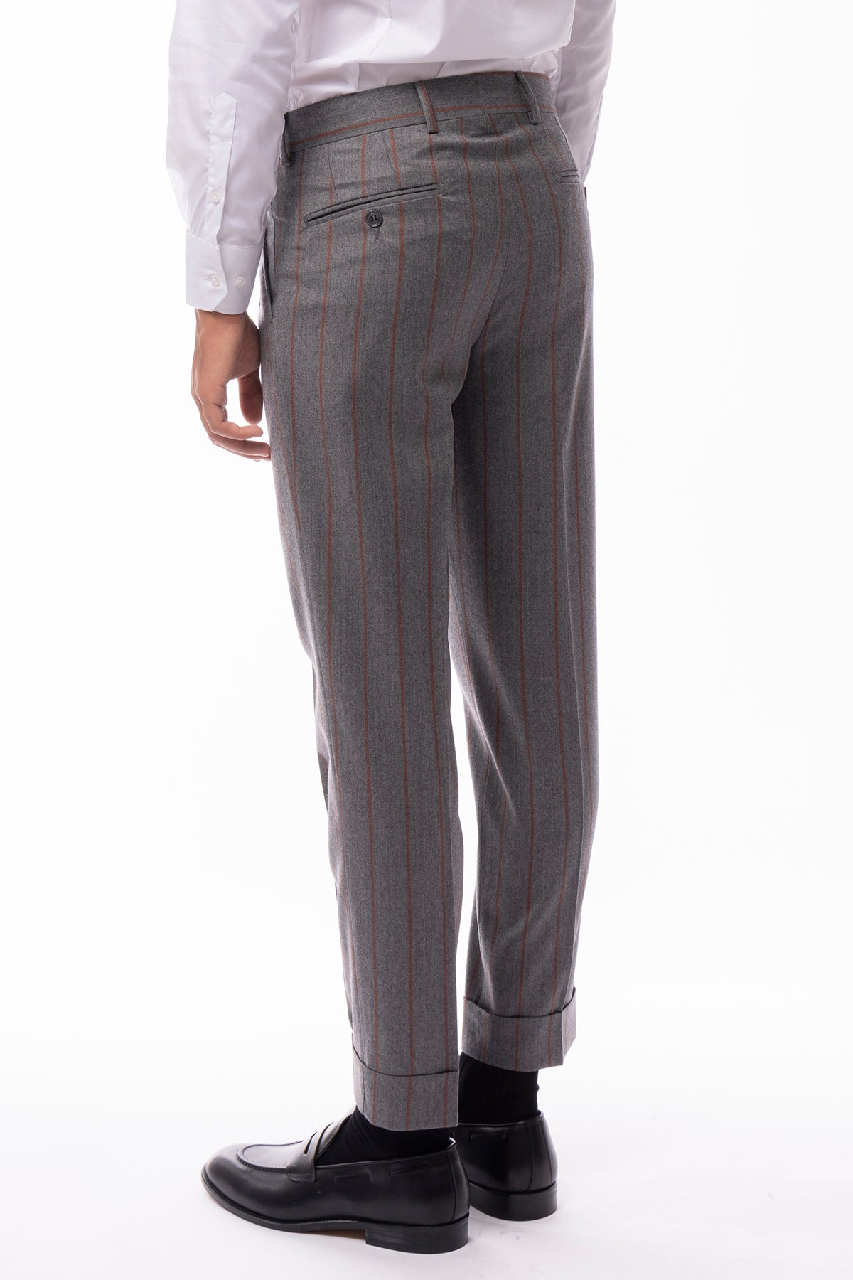 Pantalone uomo grigio fantasia gessata arancio vita alta tasca america in lana flanella con doppia pinces