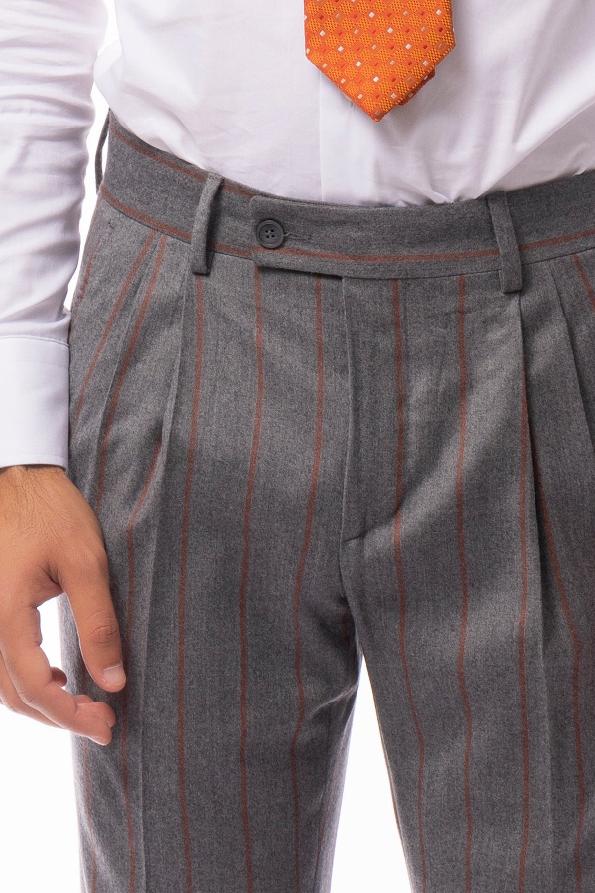 Pantalone uomo grigio fantasia gessata arancio vita alta tasca america in lana flanella con doppia pinces