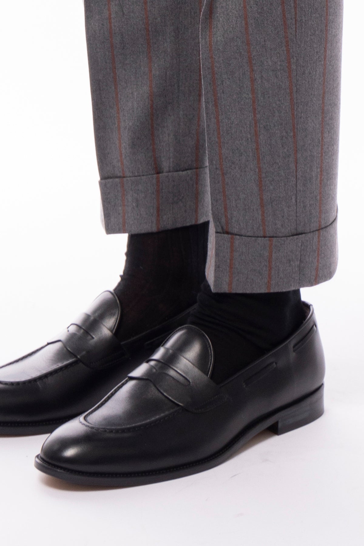 Pantalone uomo grigio fantasia gessata arancio vita alta tasca america in lana flanella con doppia pinces