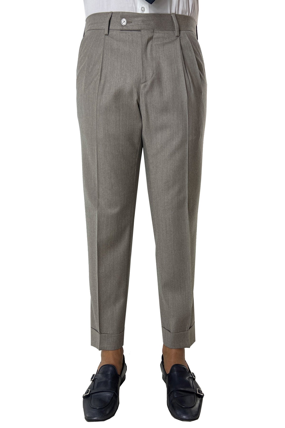 Pantalone uomo beige vita alta tasca america in lana flanella con doppia pinces