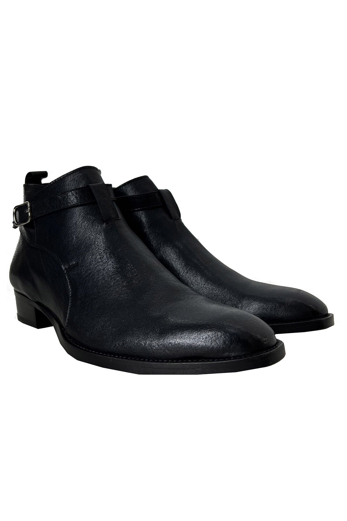 Stivaletti uomo neri in vera pelle con fibbia laterale suola in cuoio made in italy