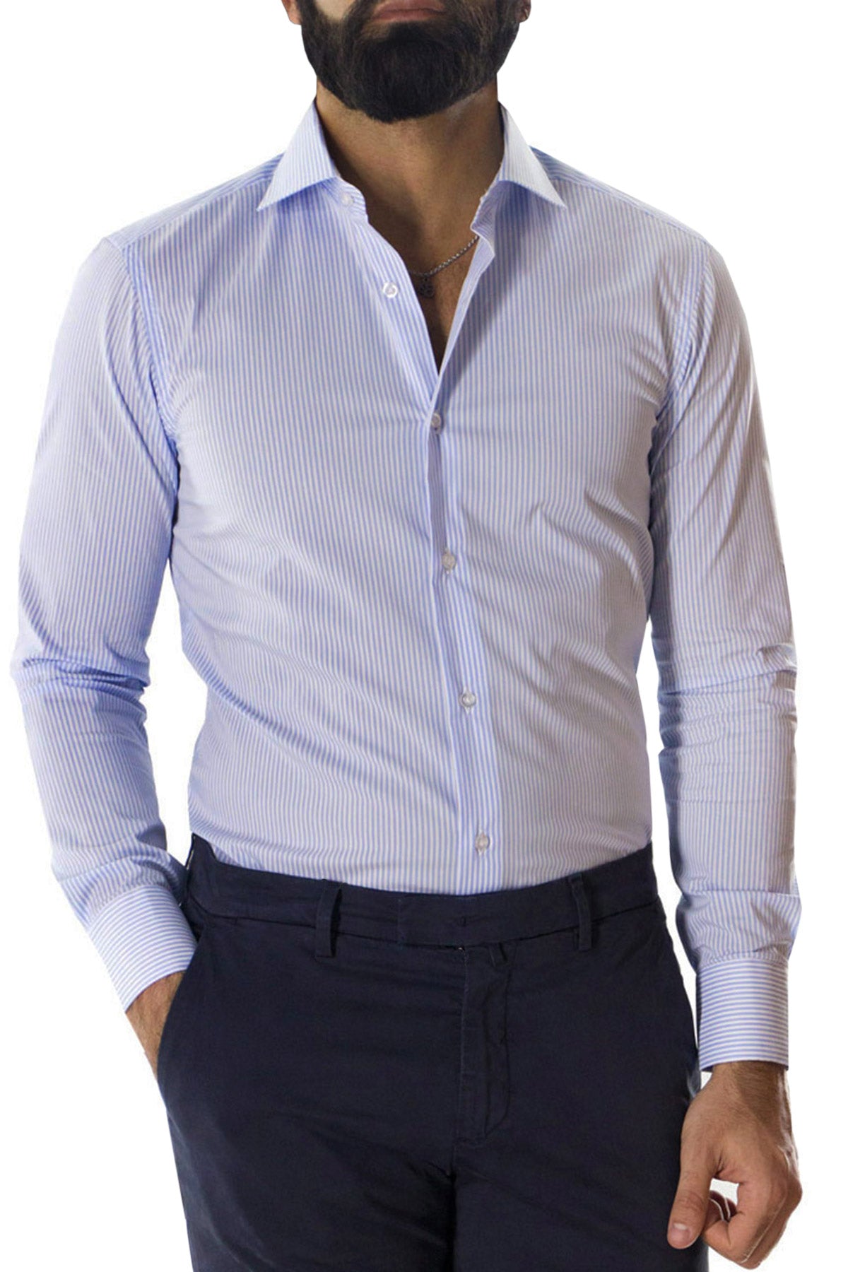 Camicia Uomo righe medie extra Slim fit cotone 100% Collo semi francese casual e elegante