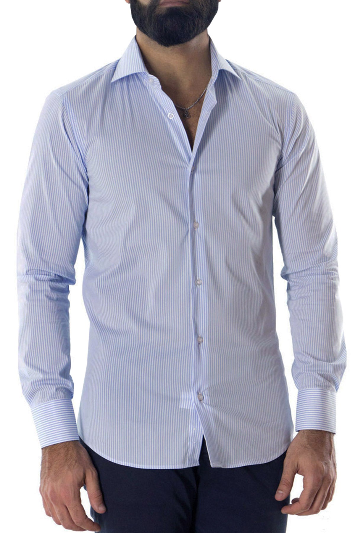 Camicia Uomo righe medie extra Slim fit cotone 100% Collo semi francese casual e elegante