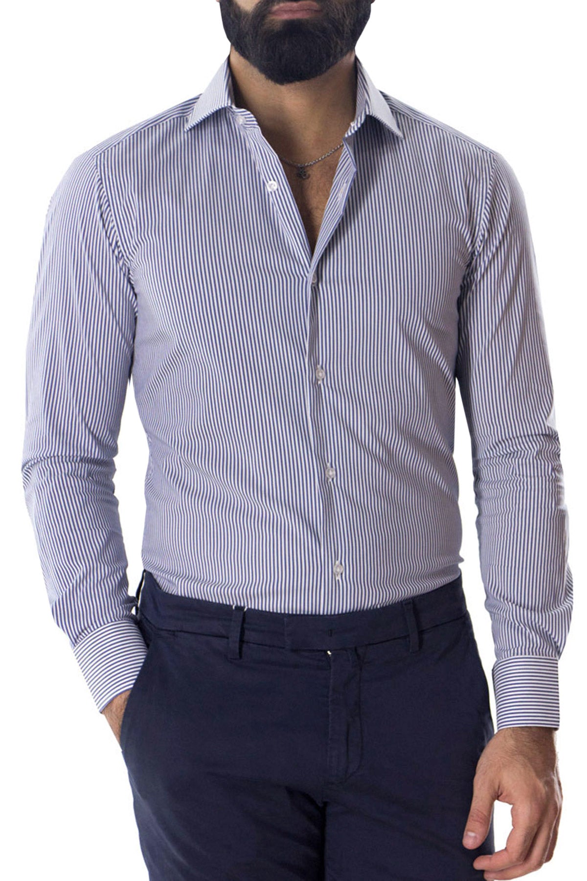 Camicia Uomo righe medie extra Slim fit cotone 100% Collo semi francese casual e elegante