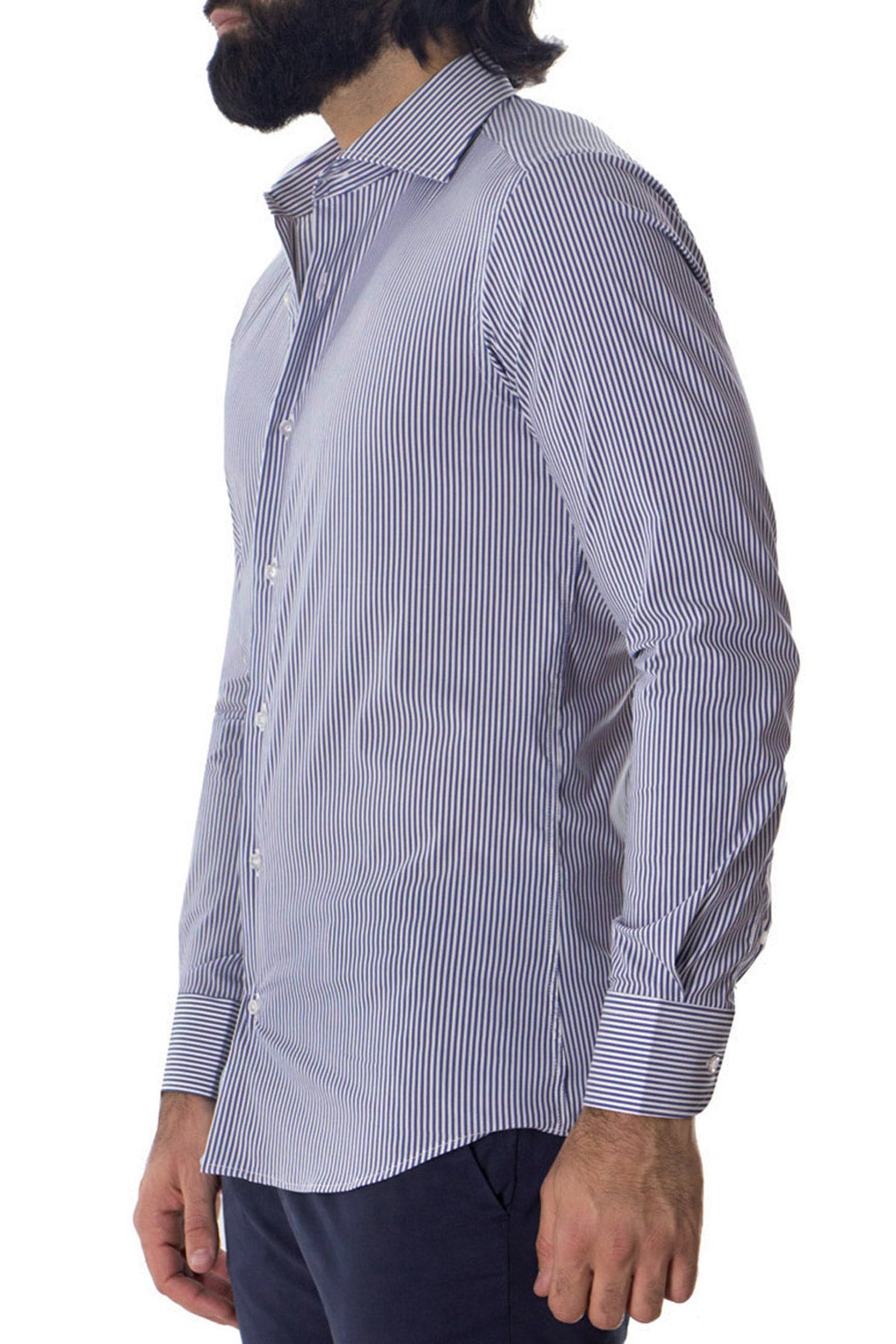 Camicia Uomo righe medie extra Slim fit cotone 100% Collo semi francese casual e elegante