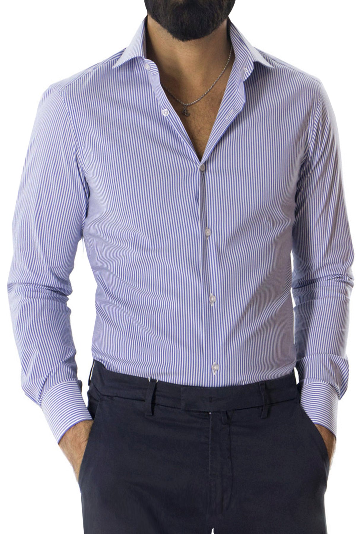 Camicia Uomo righe medie extra Slim fit cotone 100% Collo semi francese casual e elegante