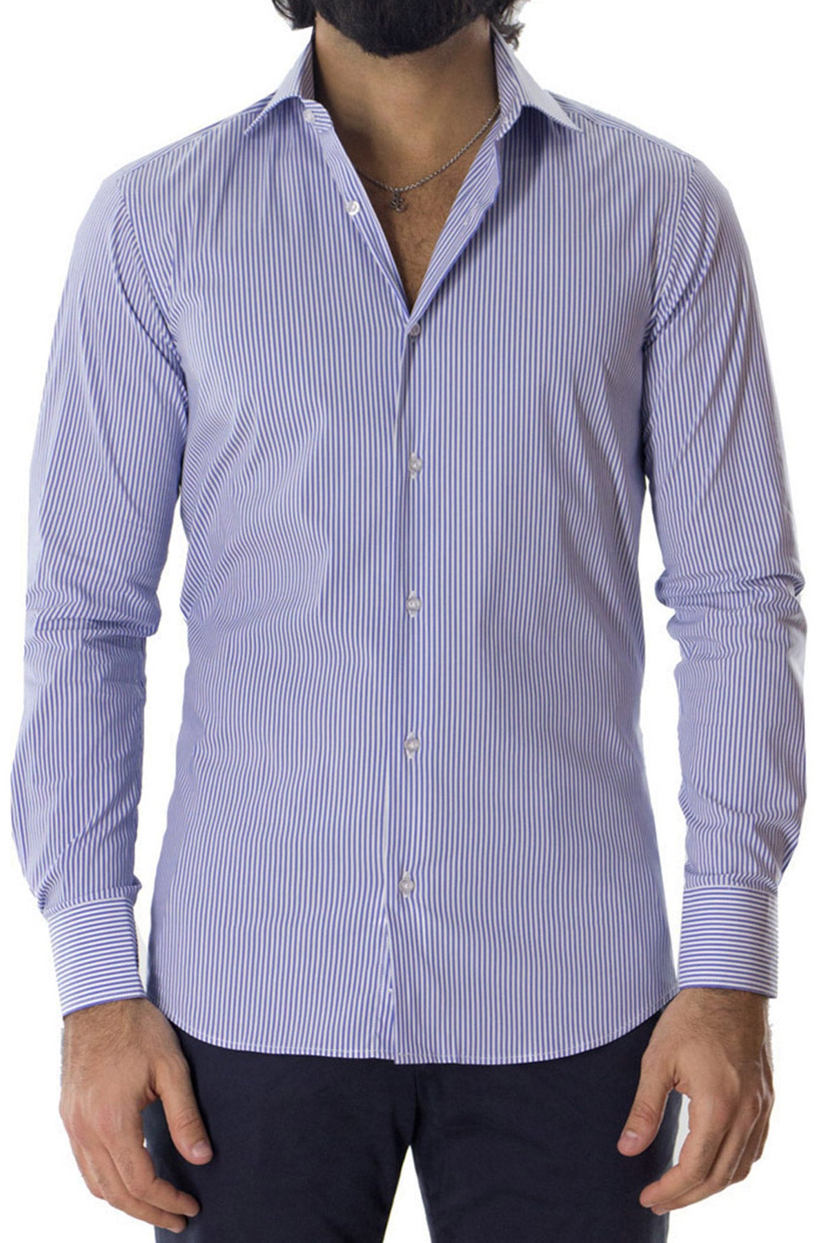Camicia Uomo righe medie extra Slim fit cotone 100% Collo semi francese casual e elegante