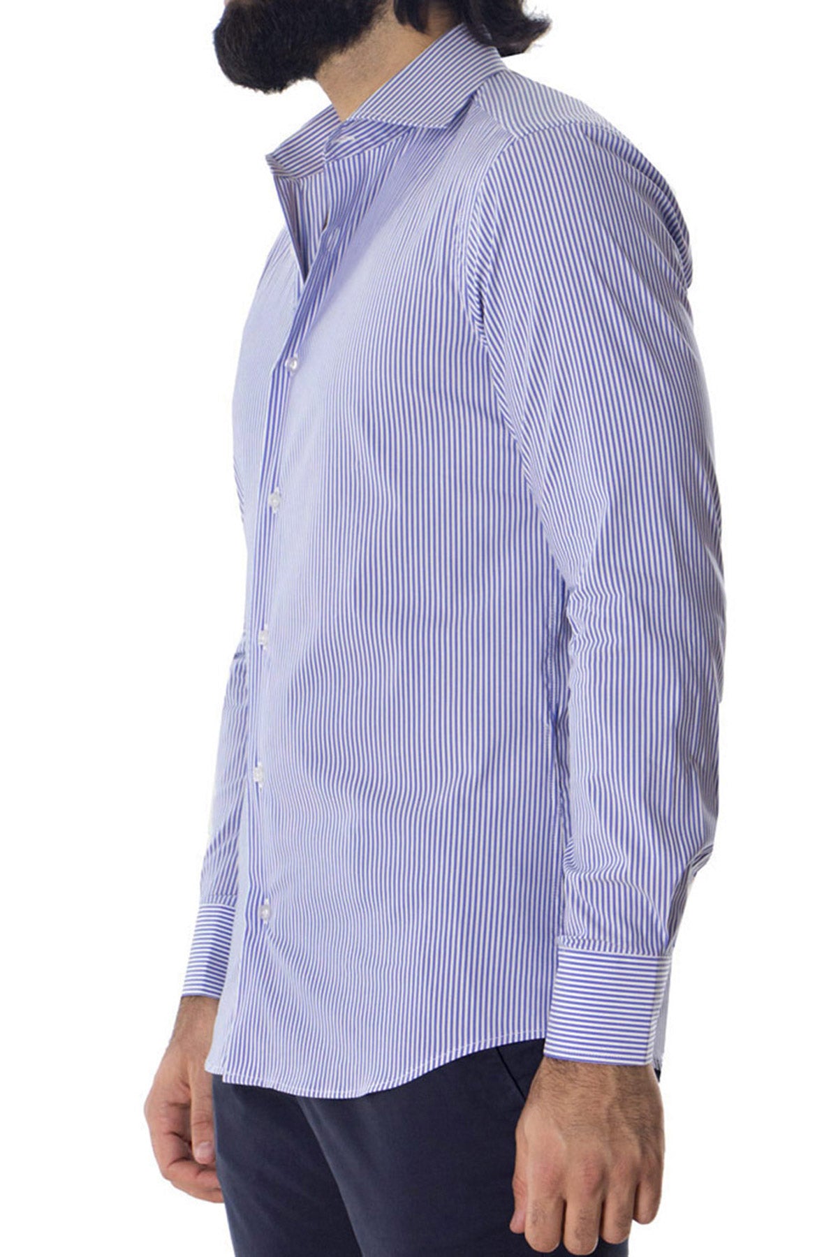 Camicia Uomo righe medie extra Slim fit cotone 100% Collo semi francese casual e elegante