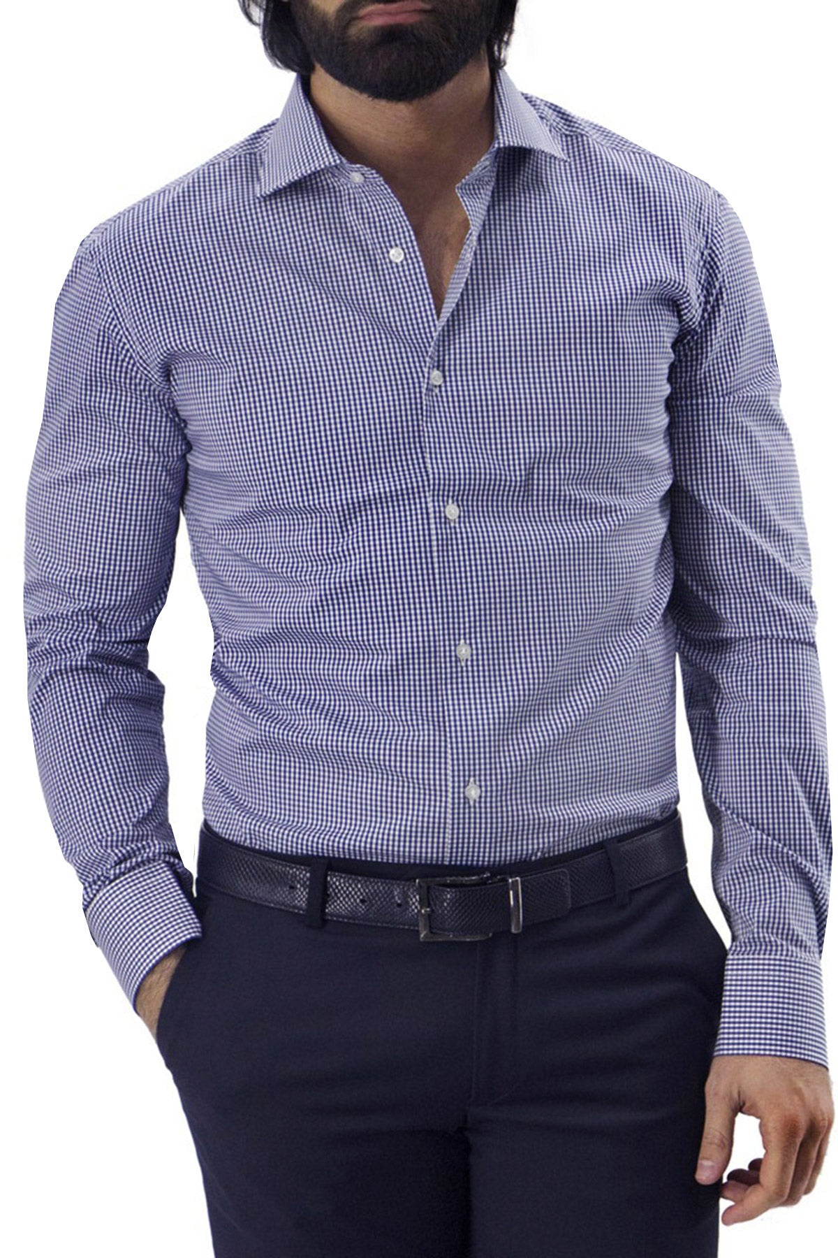Camicia Uomo microquadro exta Slim Fit Collo semi francese cotone Elasticizzata casual e elegante