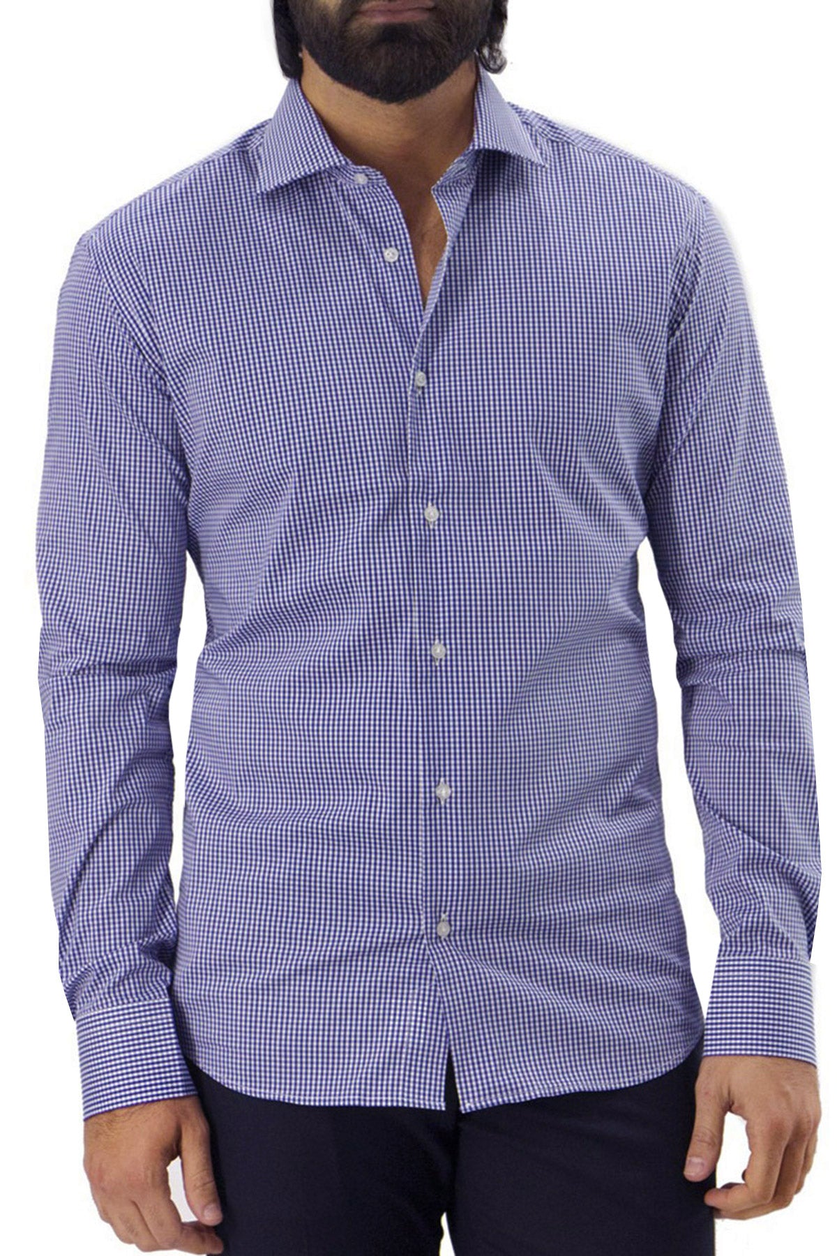 Camicia Uomo microquadro exta Slim Fit Collo semi francese cotone Elasticizzata casual e elegante