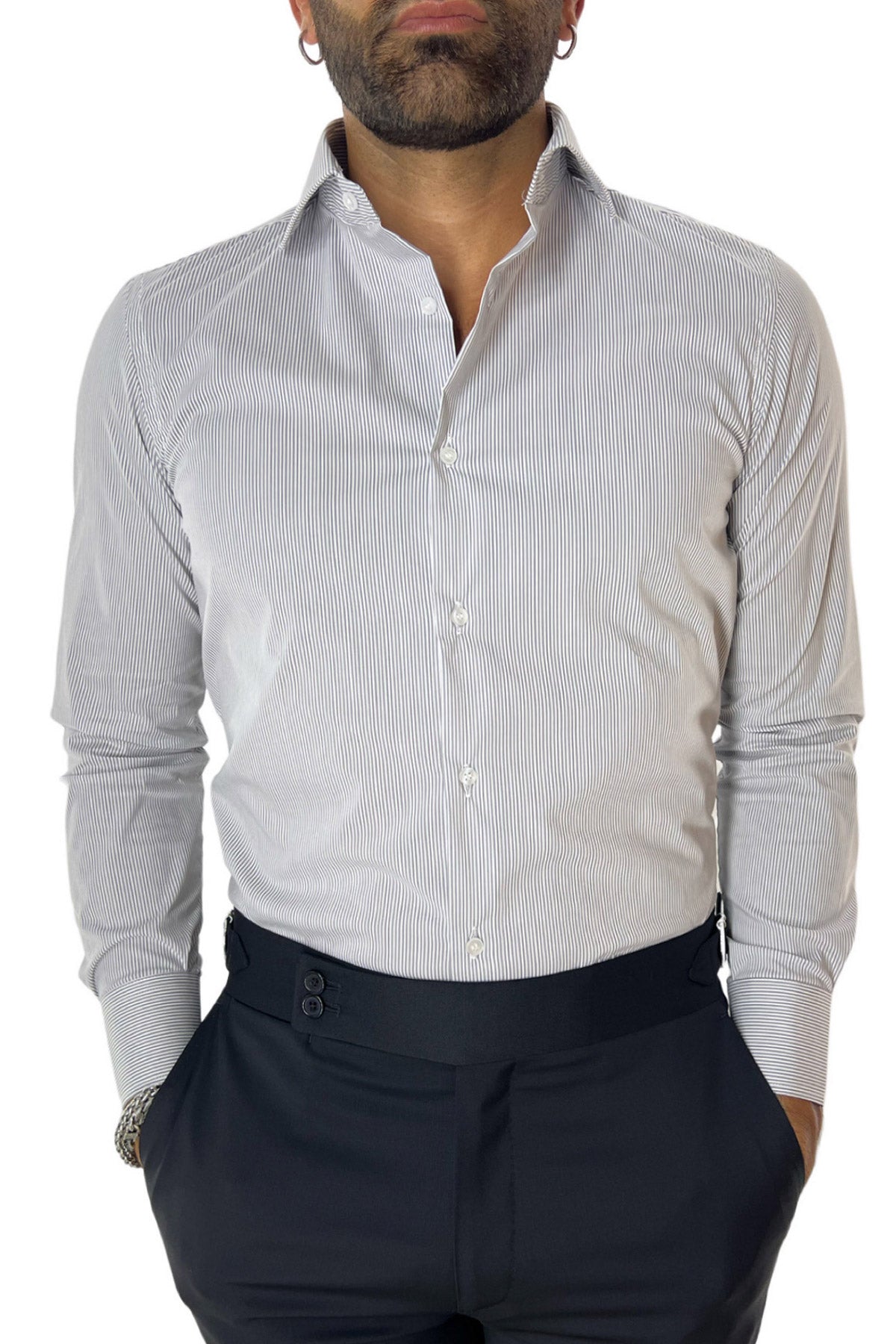 Camicia Uomo millerighe extra Slim fit in cotone Elasticizzata Collo semi francese Casual e Elegante