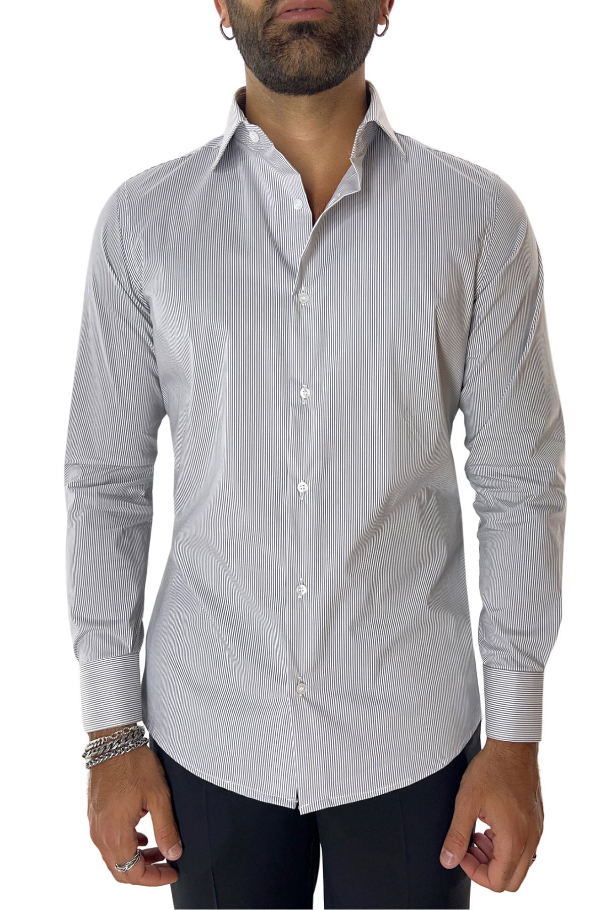 Camicia Uomo millerighe extra Slim fit in cotone Elasticizzata Collo semi francese Casual e Elegante