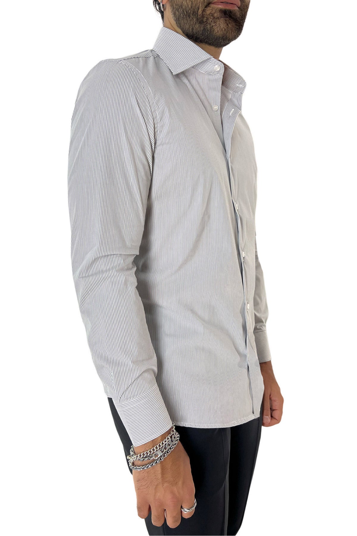 Camicia Uomo millerighe extra Slim fit in cotone Elasticizzata Collo semi francese Casual e Elegante
