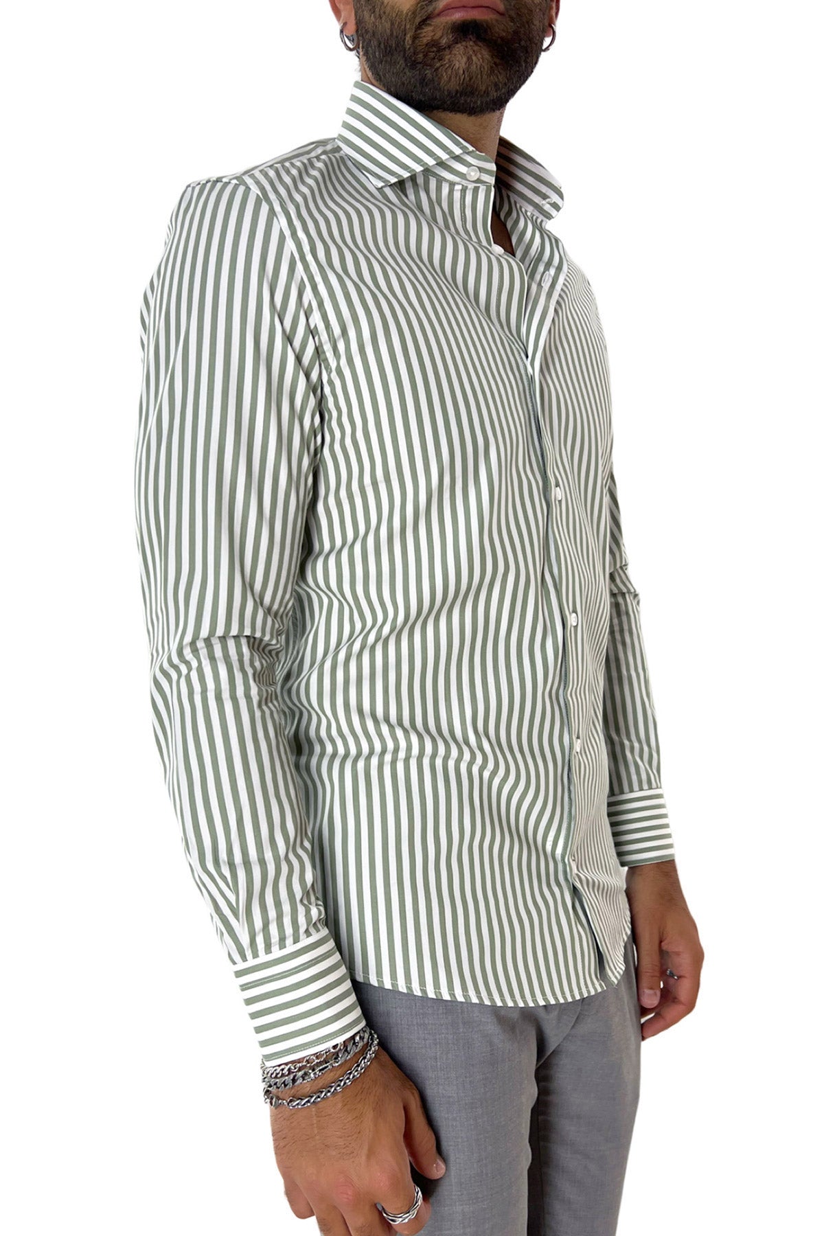 Camicia Uomo righe Larghe extra Slim fit  Collo semi francese 100% cotone made in italy