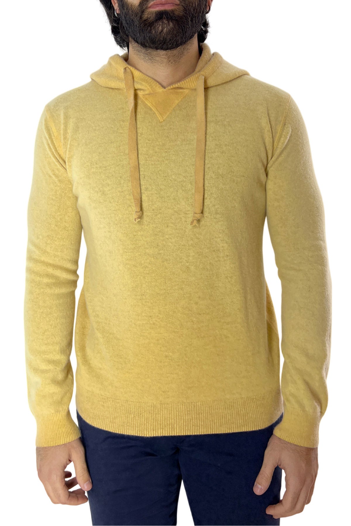 Felpa da uomo con cappuccio gialla in lana merinos made in italy