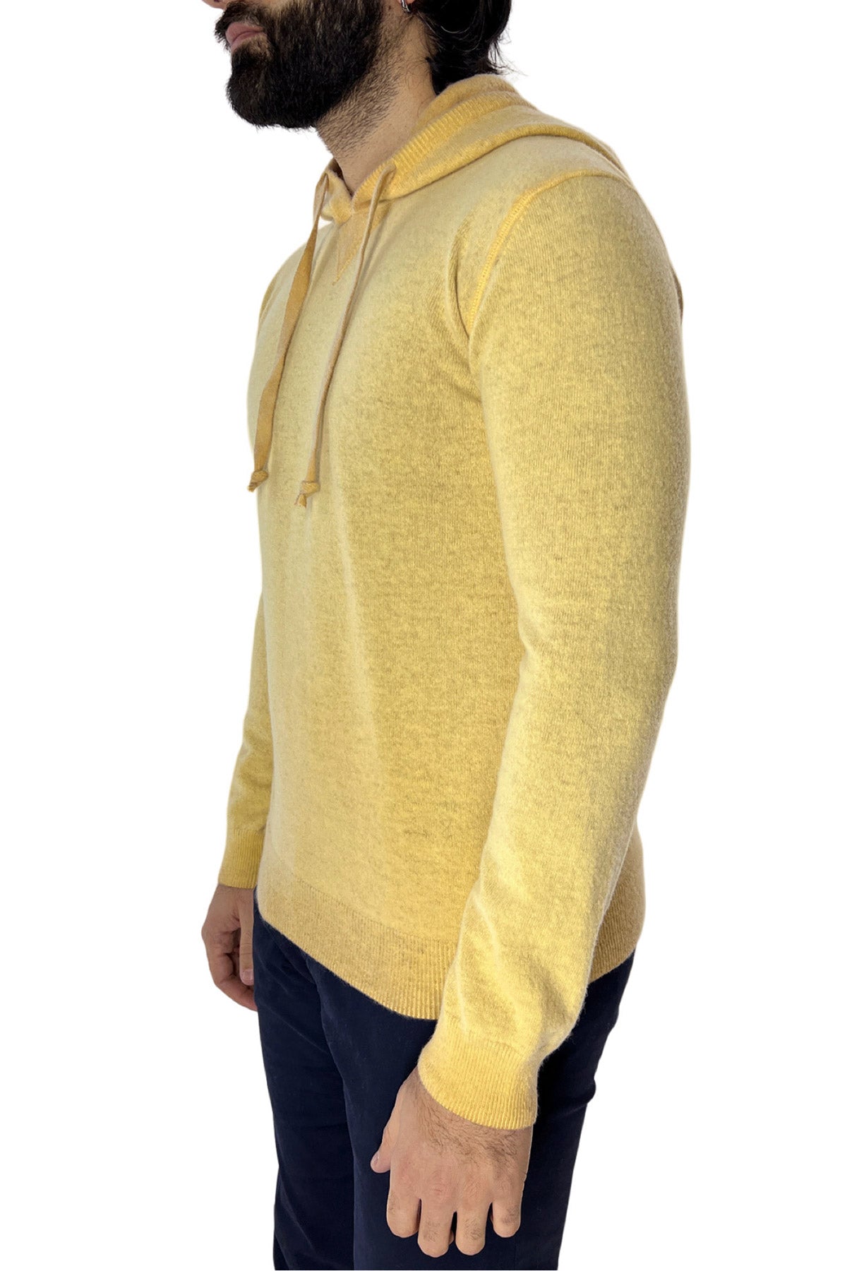 Felpa da uomo con cappuccio gialla in lana merinos made in italy