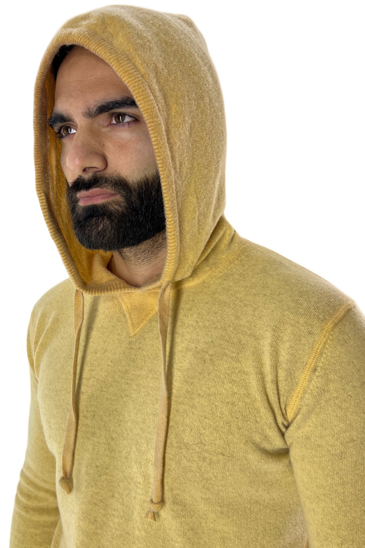 Felpa da uomo con cappuccio gialla in lana merinos made in italy