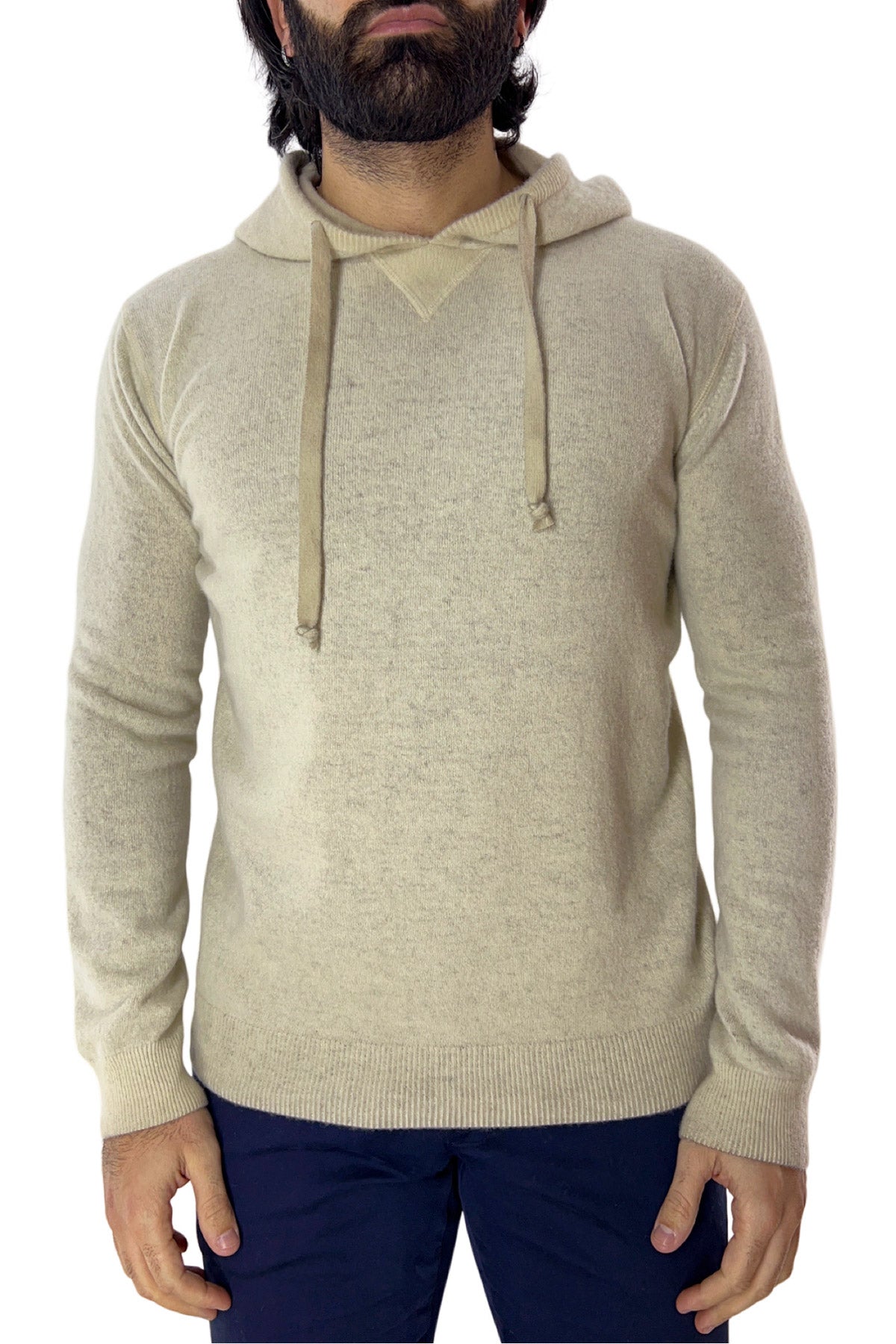 Felpa da uomo con cappuccio beige in lana merinos made in italy