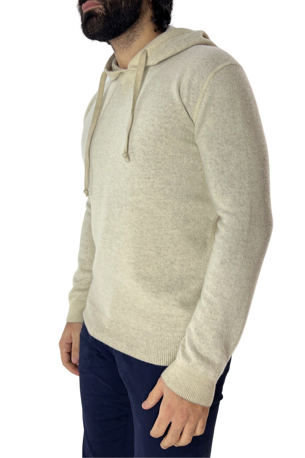 Felpa da uomo con cappuccio beige in lana merinos made in italy